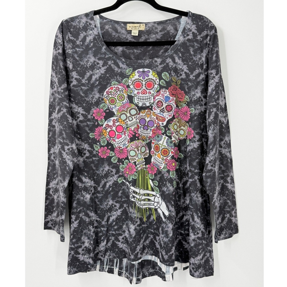 Whimsigoth Sugar Skull Halloween Top Womens sz 1X fairy grunge Pleated Back